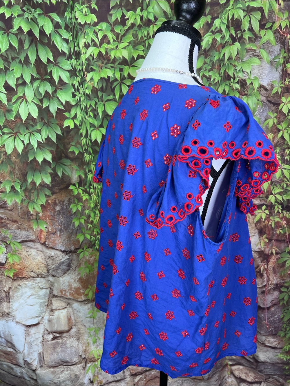 JW STYLE Bohemian Resortwear Blue Ruffled Sleeve Tope with Red Embroidery, XL - Picture 9 of 12
